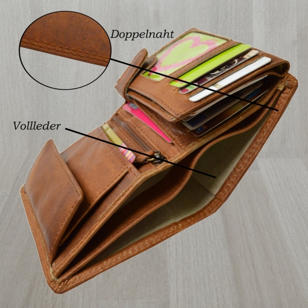flevado Herrengeldbörse mit Druck Label Love,Loyalty, Friendship und RFID Schutz Echtes Leder Braun